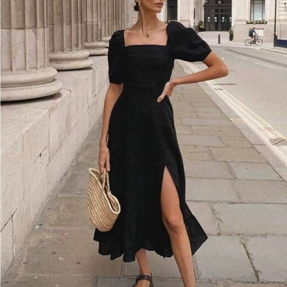 ASTR the Label Black Puff Sleeve Poplin Midi Dress